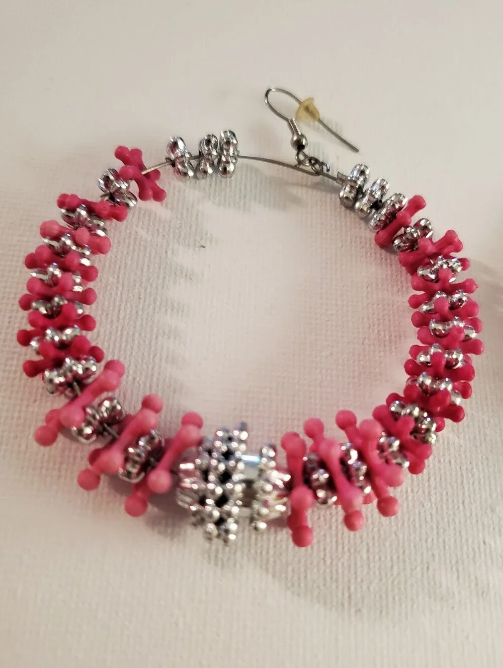 Pink Beaded Hoop Earrings with Silver Accents -‎ Women Jewelry